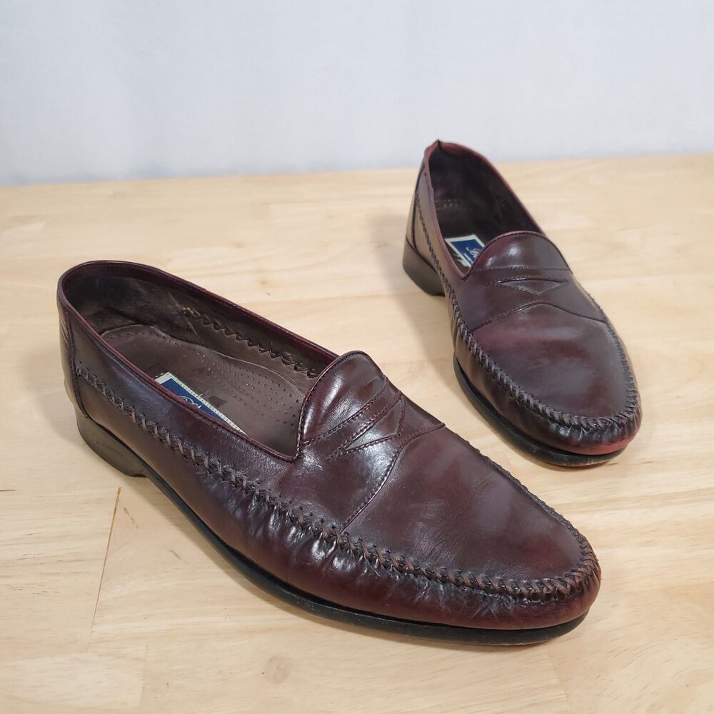 Bragano Cherry Brown Penny Loafers Mens Sz 8.5 Italy Cross Stitch Moc Dress Shoe